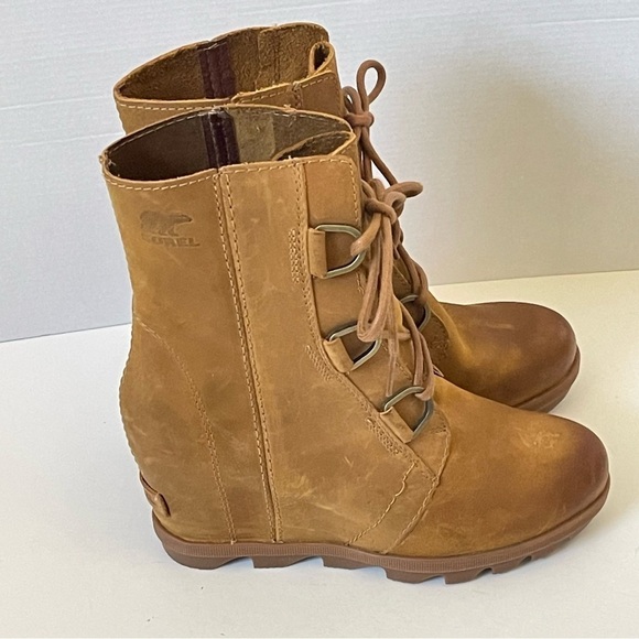 Sorel Joan Of Arctic Wedge Boots Lace Up Leather Camel Neutral Color Size 7 - Picture 6 of 15